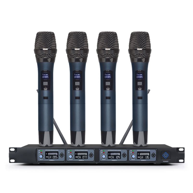 4 canales Micrófono inalámbrico UHF con micrófono de mano para el canto de karaoke